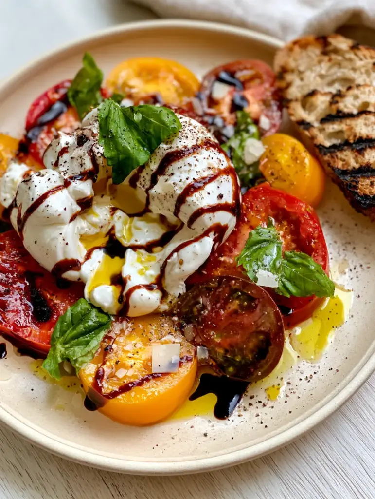 Tomato Burrata Salad with Creamy Stracciatella and Charred Sourdough 1 A handheld smartphone photo of Tomato Burrata Salad featuring grilled sourdough bread and fresh basil garnishes.