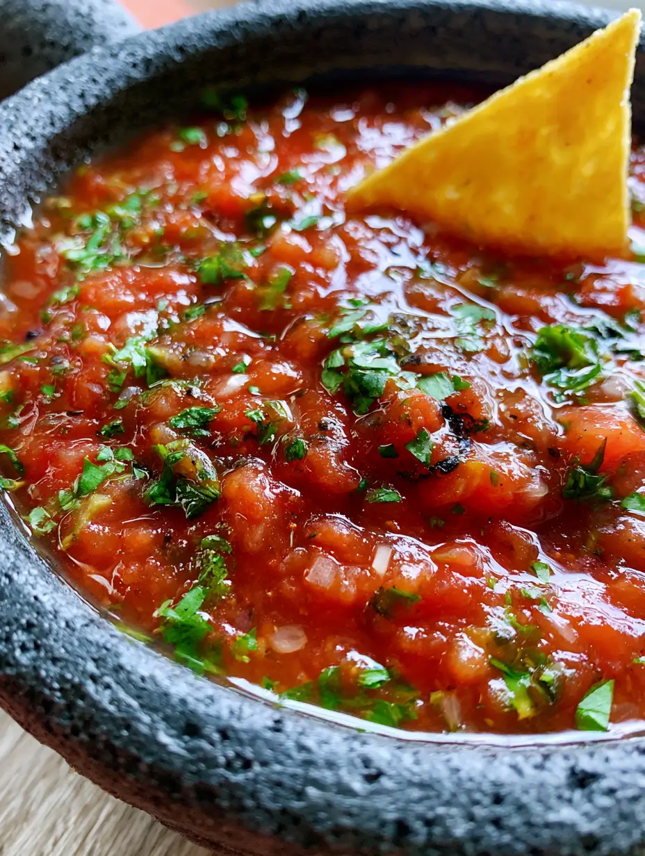 Top-down view of fire-roasted salsa with visible micro-flecks of charred tomato skin and minced cilantro. (Restaurant Style Salsa Recipe)
