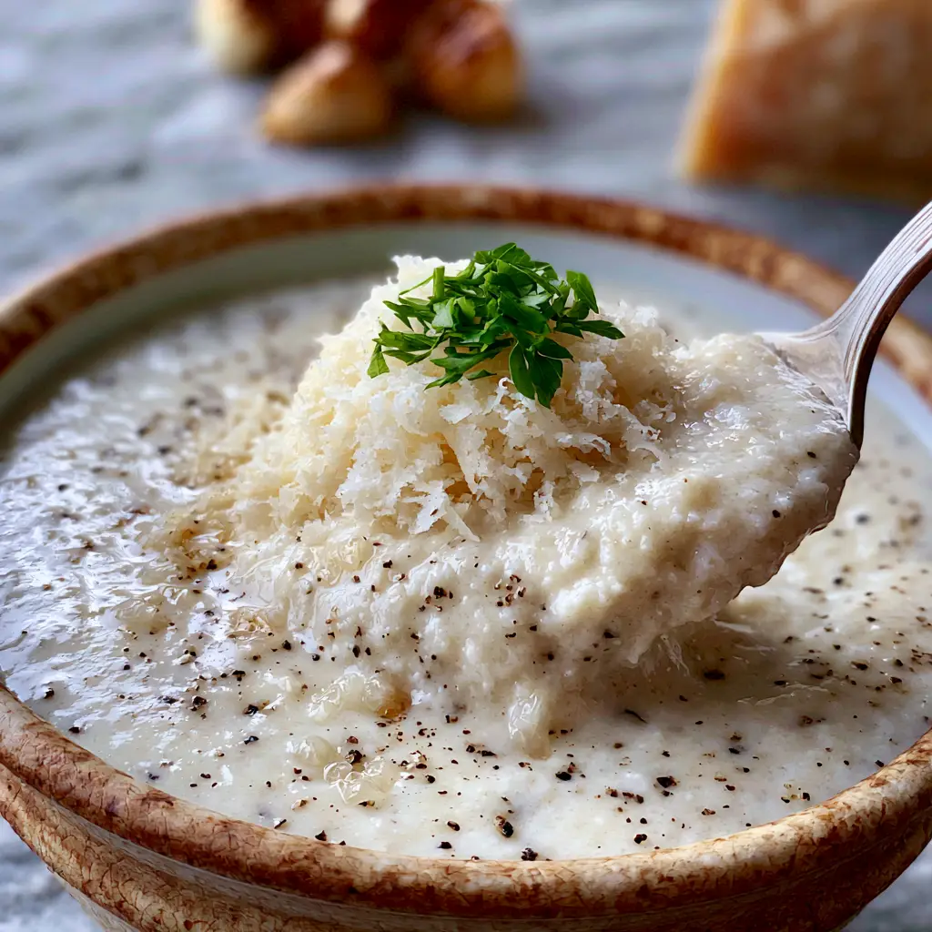 Close-up of a rustic bowl of creamy garlic parmesan sauce with a fluffy pile of micro-planed cheese and parsley in the center.