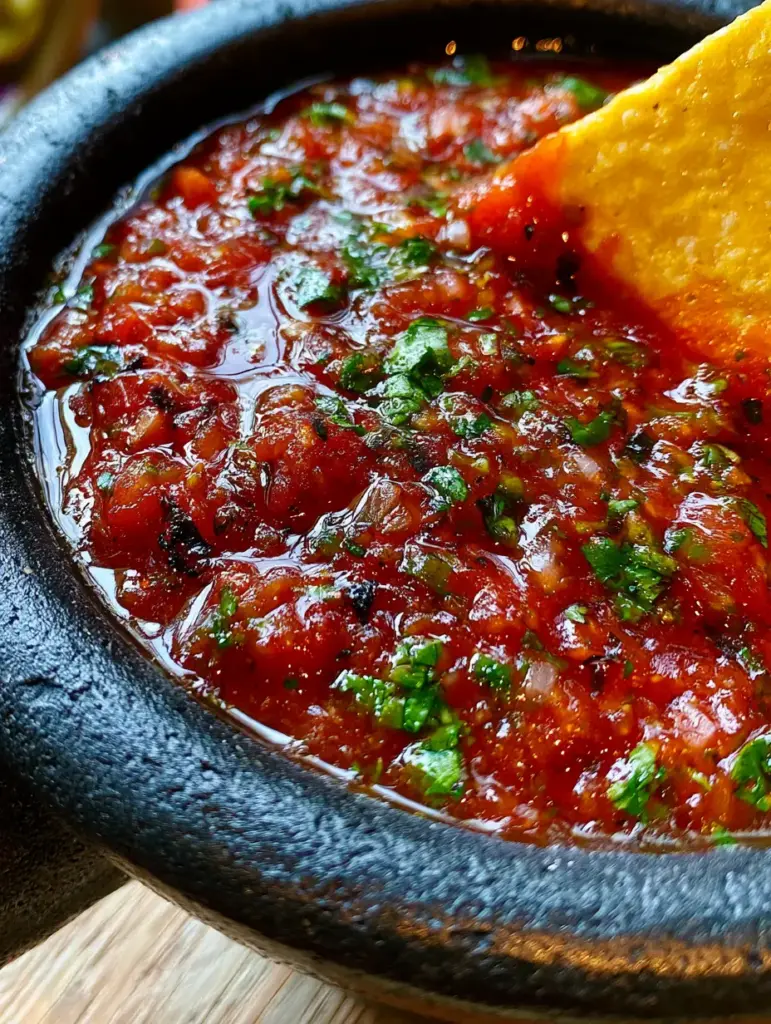 Detailed shot of salsa clinging to a yellow corn tortilla chip, highlighting the translucent onion bits.