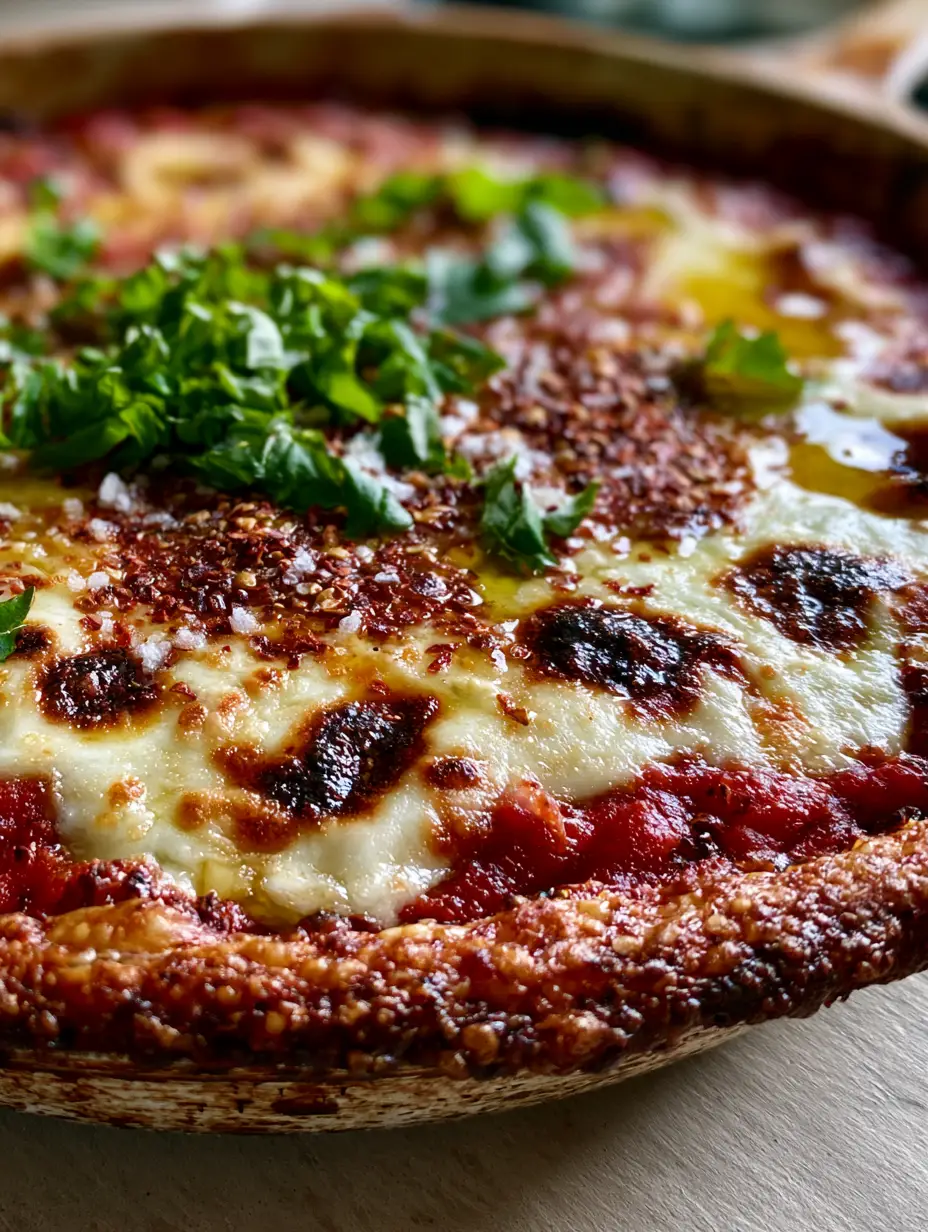 Extreme macro close-up of bubbling mozzarella with charred leopard spots on a pizza. (easy pizza recipe)
