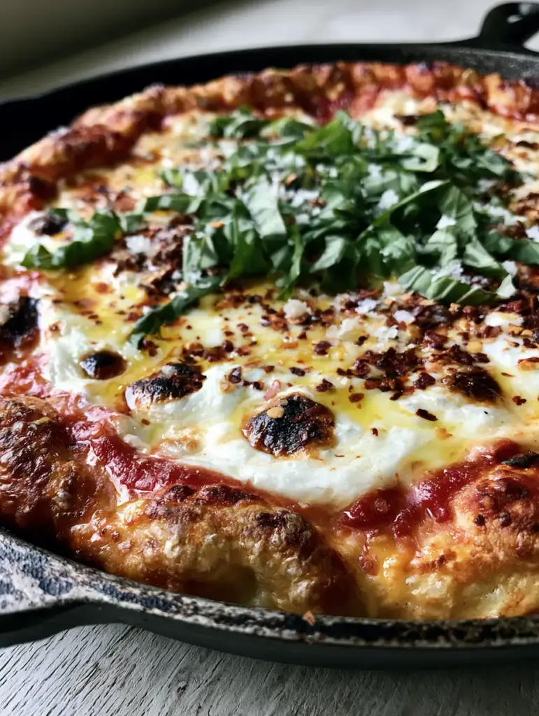 Rustic skillet pizza garnished with torn basil and red pepper flakes. (easy pizza recipe)