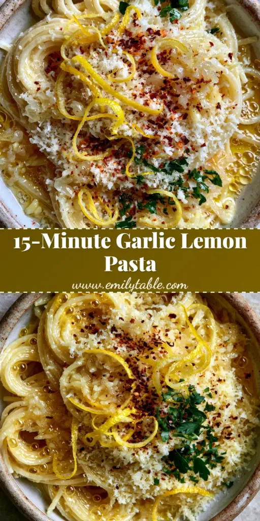 A top-down view of Garlic lemon pasta in a rustic ceramic bowl with visible lemon curls and emerald parsley.