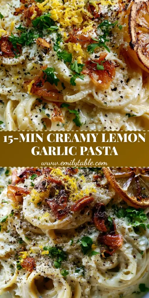A close-up shot of creamy lemon pasta with golden garlic chips and charred lemon slices on a white plate. (lemon pasta)