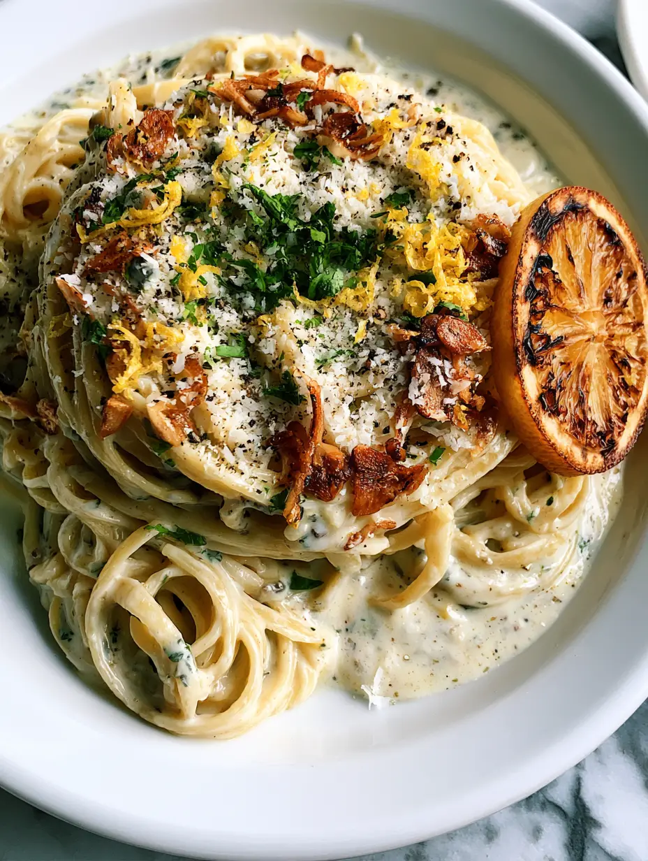Top-down view of silky linguine swirls drenched in thick lemon cream butter sauce with garlic chips. (lemon pasta)