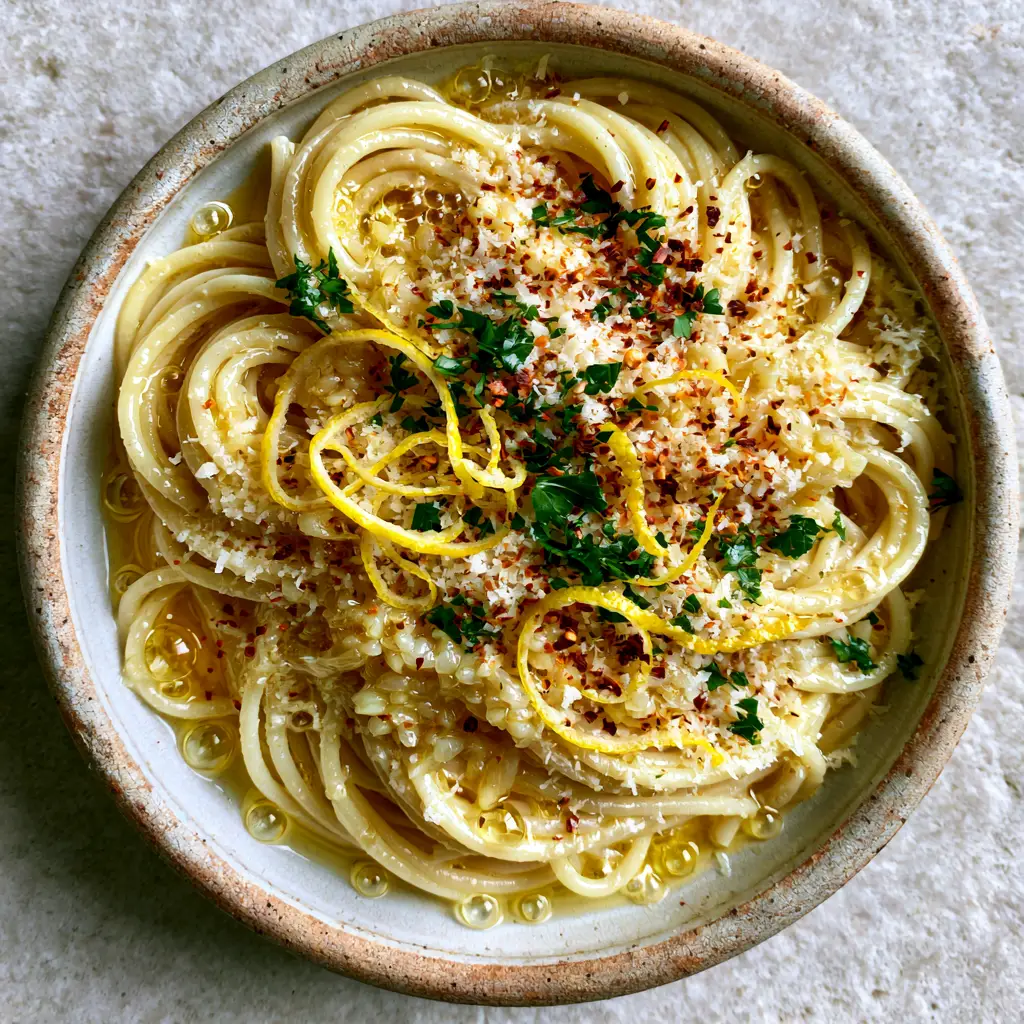 Plated Garlic lemon pasta with snowy parmesan cheese and vibrant yellow lemon zest curls.
