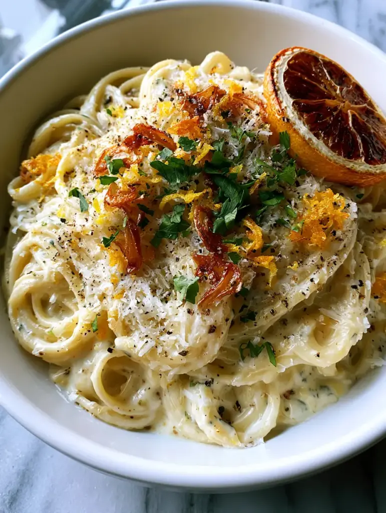 Detailed close-up of lemon pasta showing micro-planed zest, parmesan cheese, and charred lemon wheels. (lemon pasta)