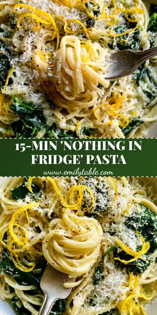 A top-down view of Lemon Spinach Pasta in a cream bowl with a silver fork lifting a twirl of linguine, showing glossy sauce and lemon zest.