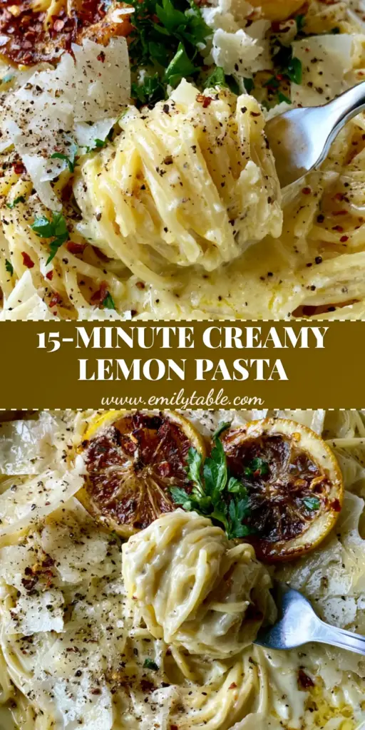 A shallow white ceramic bowl filled with Creamy Lemon Garlic Pasta, topped with charred lemon slices and large parmesan shavings.
