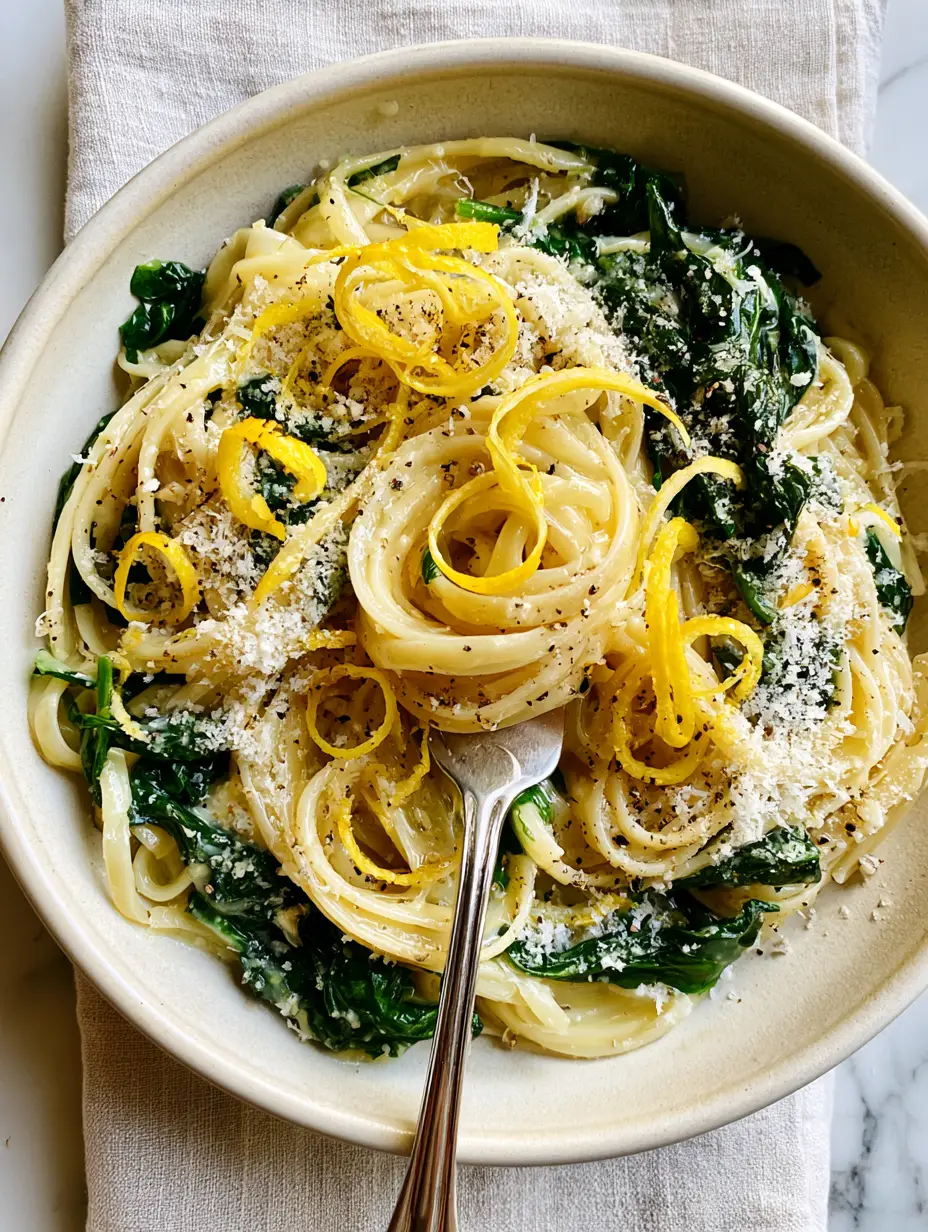 Close-up of Lemon Spinach Pasta featuring glossy linguine, wilted greens, and long lemon zest curls in a minimalist bowl.