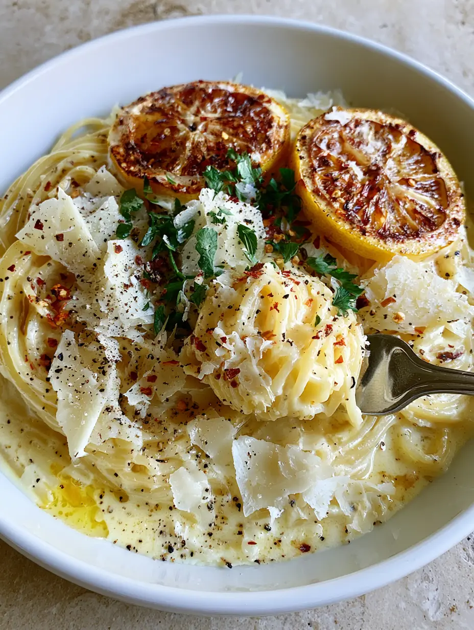 Smartphone photo of al dente spaghetti coated in a glossy pale-yellow lemon cream sauce with charred lemon wheels. (Creamy Lemon Garlic Pasta)