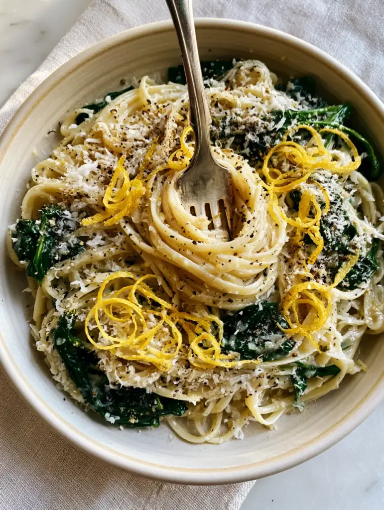 Linguine pasta with hand-torn spinach and a heavy dusting of fluffy parmesan cheese.