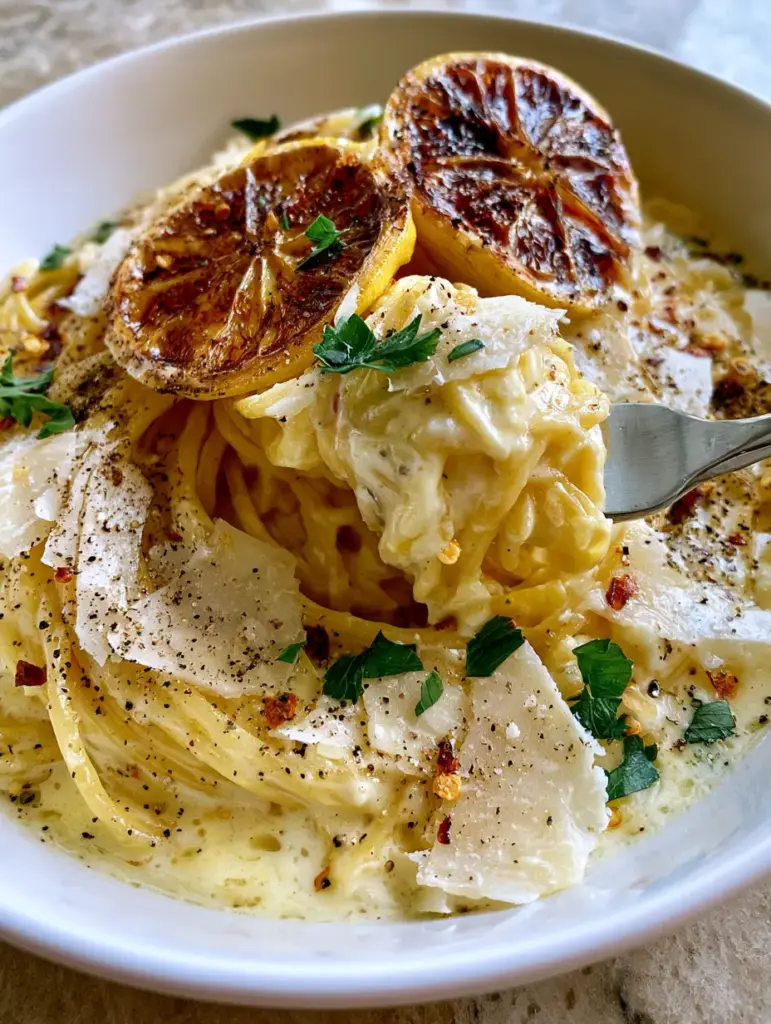 Close-up of caramelized lemon slices and aged parmesan shavings on top of Creamy Lemon Garlic Pasta.