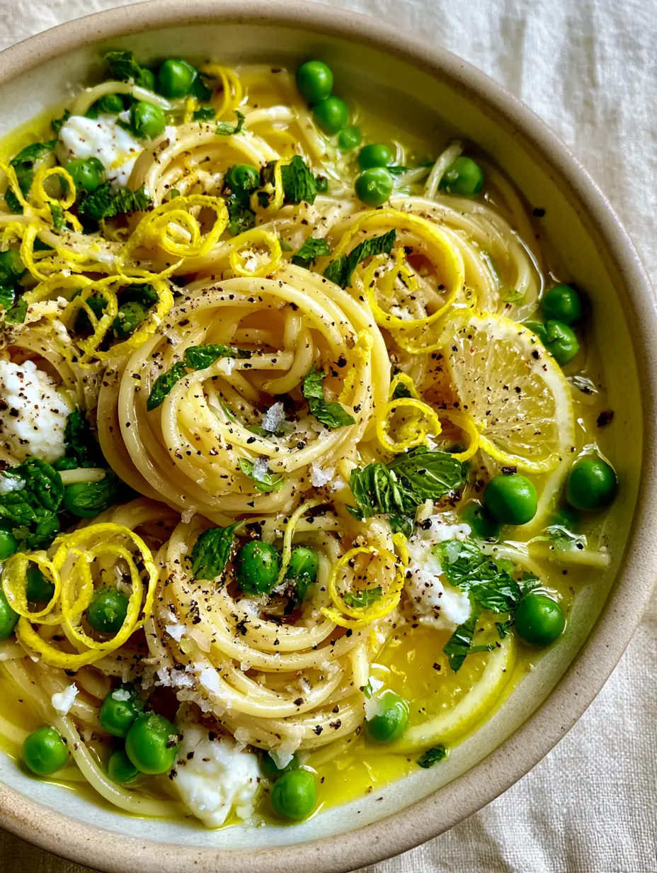 Close-up of spring pea and lemon pasta showing the vibrant emerald peas and silky yellow sauce. (spring pea and lemon pasta)