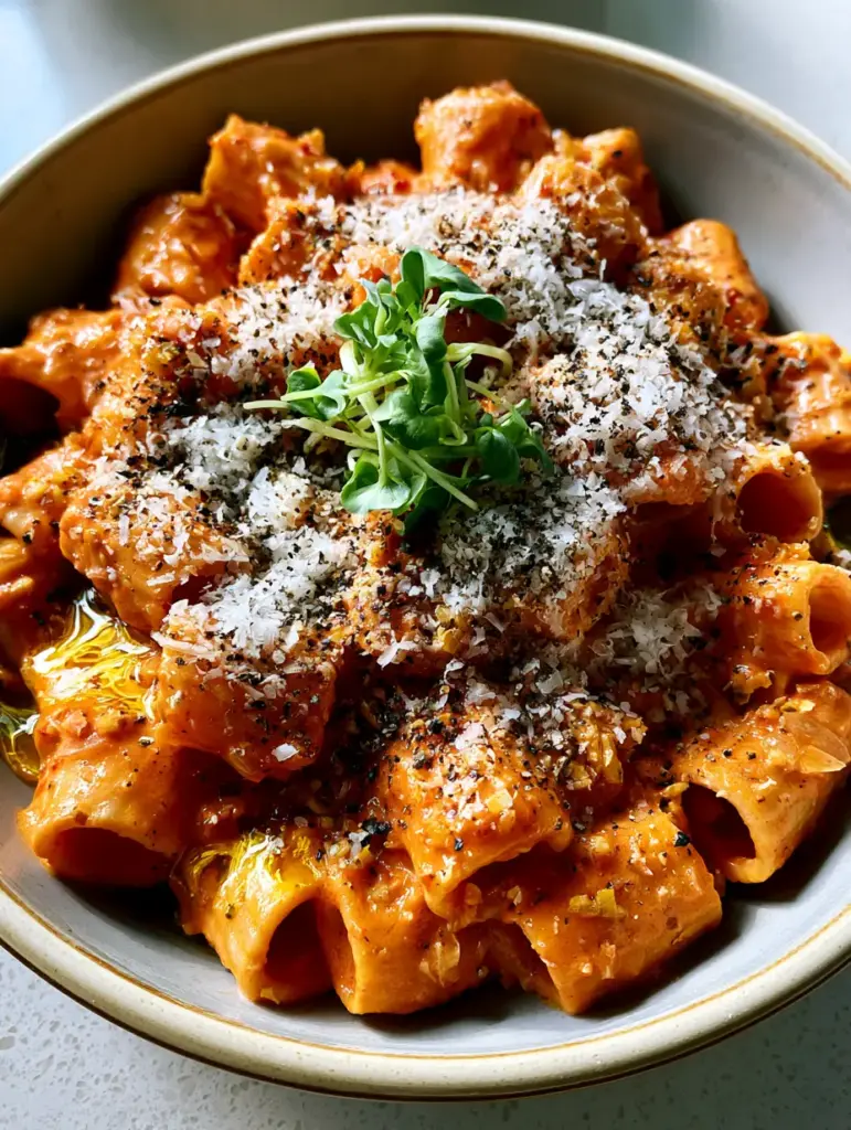 Creamy Garlic Tomato Pasta: A Velvety 30-Minute Rigatoni Masterpiece 2 Close up of glossy Creamy Garlic Tomato Pasta showing caramelized garlic bits and melted shallots.