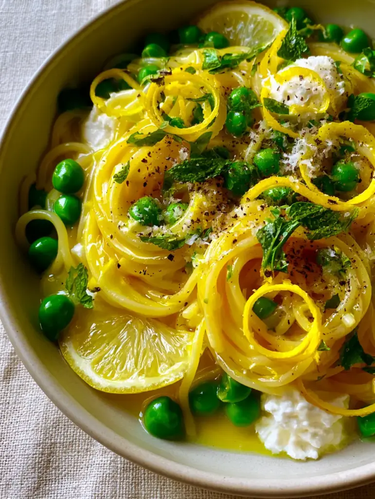 Overhead shot of spring pea and lemon pasta garnished with mint chiffonade and lemon zest in a matte ceramic bowl.