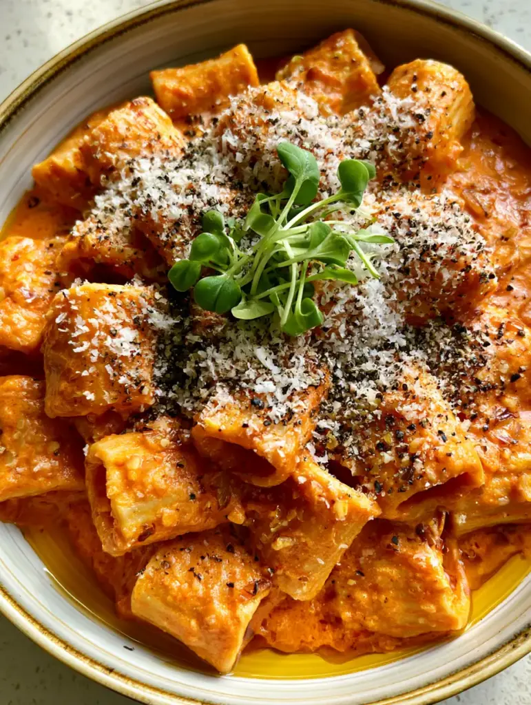 Creamy Garlic Tomato Pasta: A Velvety 30-Minute Rigatoni Masterpiece 1 Wide shot of the finished Creamy Garlic Tomato Pasta bowl on a textured off-white plaster background with steam rising.