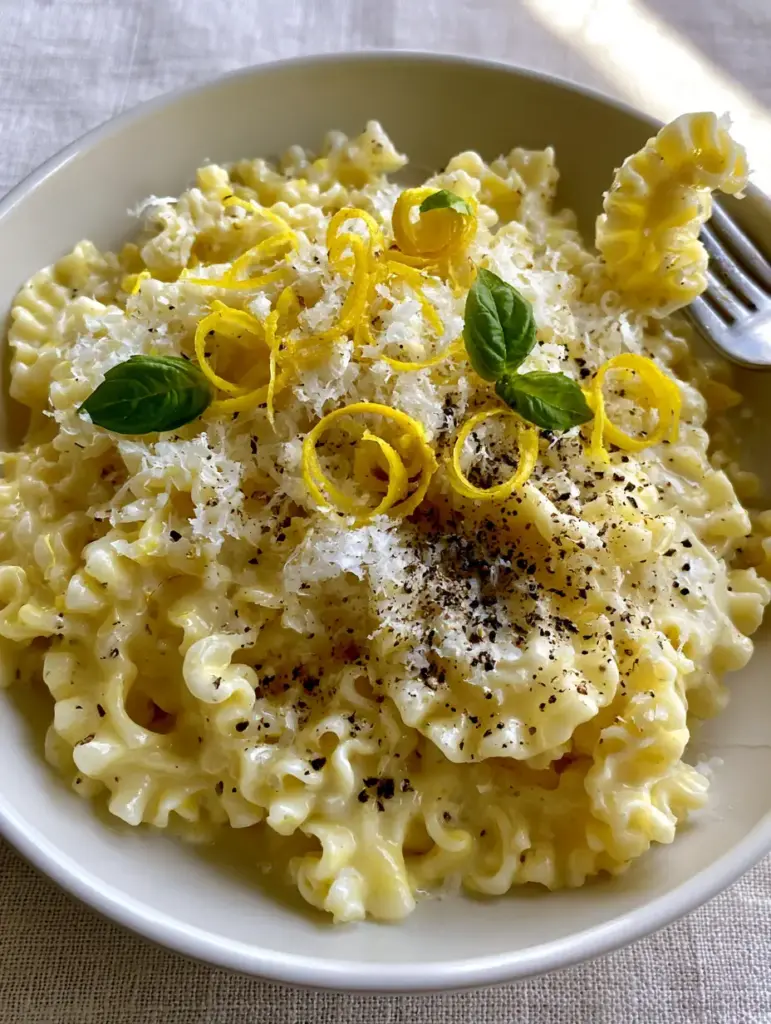Mafaldine Pasta Limone with Glossy Lemon Cream Sauce 2 Close-up of ruffled mafaldine pasta coated in a thick, pale yellow lemon cream sauce topped with basil and pepper. (Mafaldine Pasta Limone)