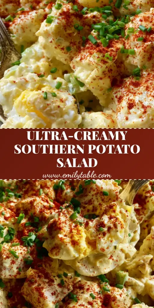 Southern Potato Salad: The Ultimate Creamy Yukon Gold Recipe 3 Overhead close-up of southern potato salad in a white bowl with a vintage silver spoon, showing creamy texture and paprika dusting.