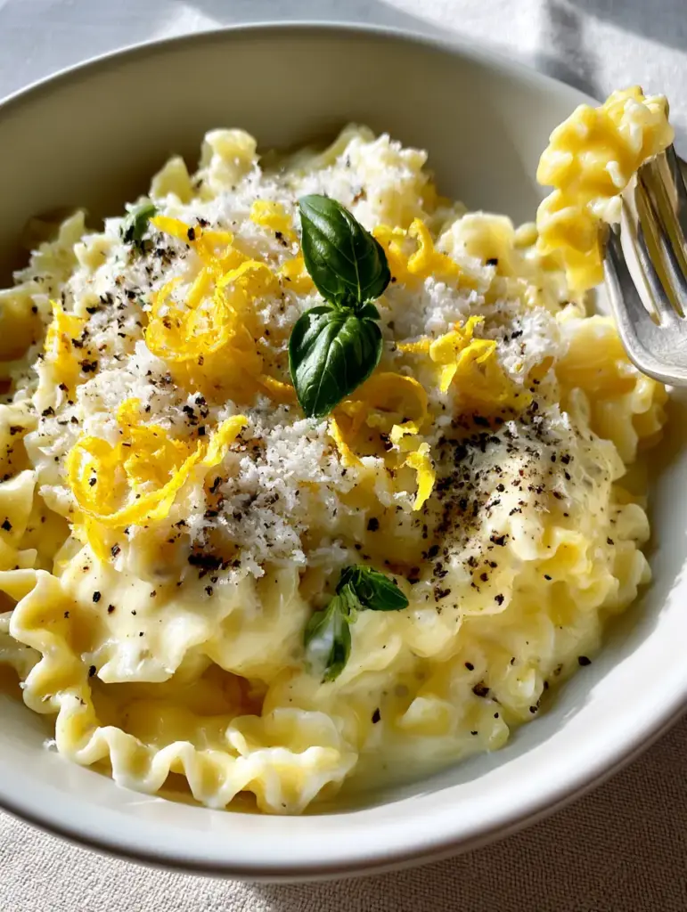Mafaldine Pasta Limone with Glossy Lemon Cream Sauce 1 A silver fork lifting a ribbon of Mafaldine Pasta Limone, showing the velvety texture of the lemon cream sauce.