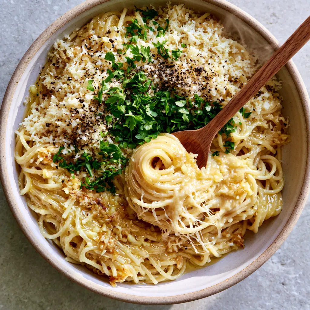 Close up of a wooden spoon lifting a swirl of spaghetti showing stringy cheese and velvety sauce texture. (Creamy garlic butter pasta)