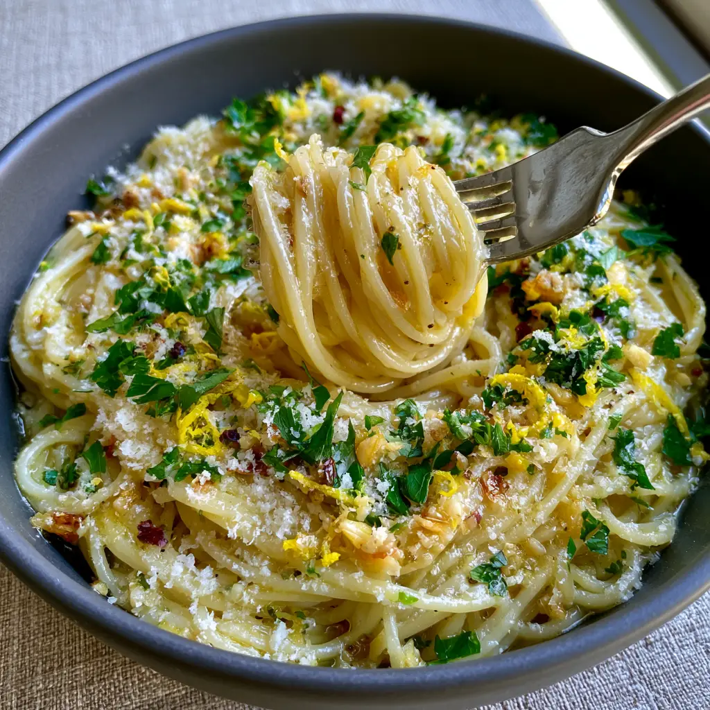 Lemon Garlic Pasta Sauce: The Secret to Silky, Golden Emulsified Perfection 2 Shallow matte charcoal bowl filled with glossy spaghetti and lemon garlic pasta sauce topped with fluffy parmesan.