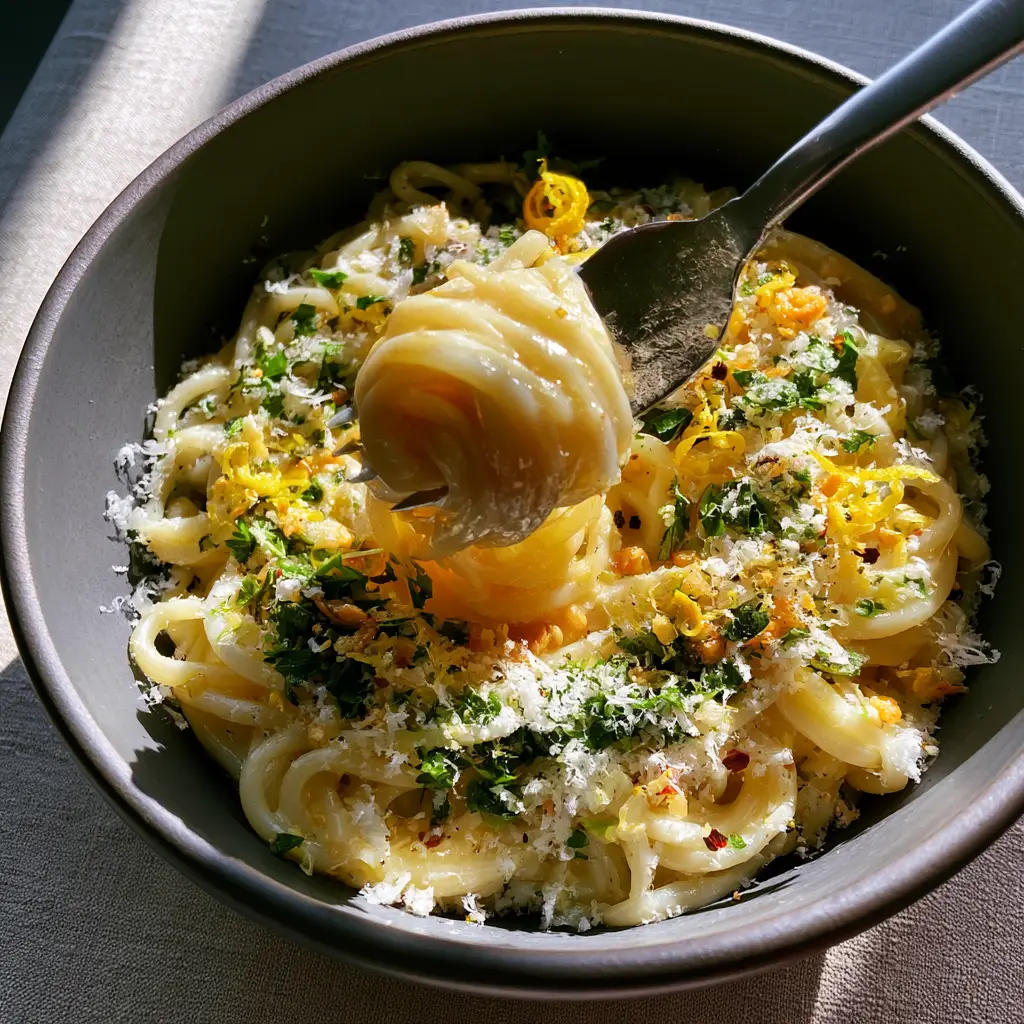 Lemon Garlic Pasta Sauce: The Secret to Silky, Golden Emulsified Perfection 1 Handheld photo showing the silky texture of lemon garlic pasta sauce on a silver fork lift.