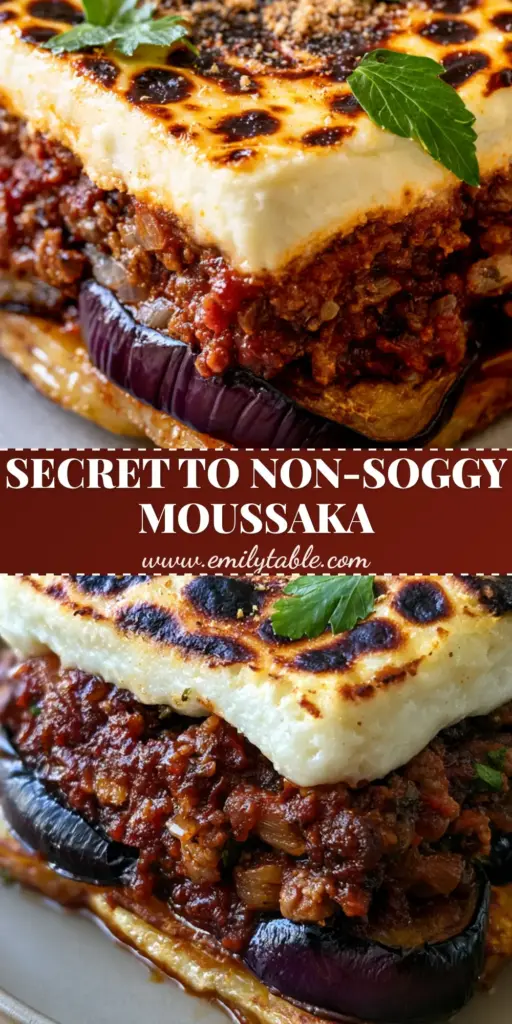 A perfect square slice of Greek Moussaka showing layers of golden potatoes, charred eggplant, dark red lamb sauce, and a thick 2-inch white bechamel top. (Greek Moussaka)