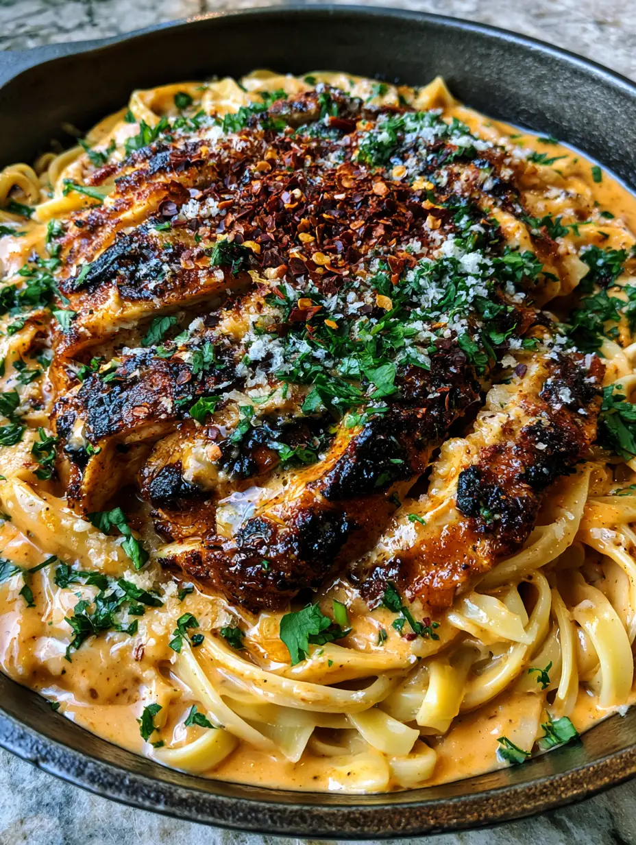 Close-up of thick Cajun chicken slices with charred edges over al dente fettuccine pasta in a thick cream sauce.