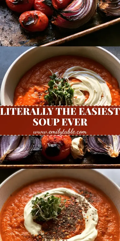 A split-view showing roasted tomatoes on a sheet pan and a finished bowl of creamy sheet pan soup with basil garnish.