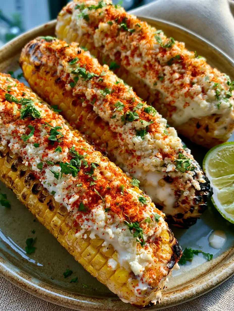 Close up of deeply charred Grilled Elote kernels with thick white elote sauce and red seasoning.