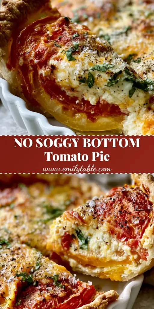 A close-up shot of a Southern Tomato Pie slice being lifted from a white fluted dish, showing layers of red and yellow heirloom tomatoes and a bubbly cheese topping.