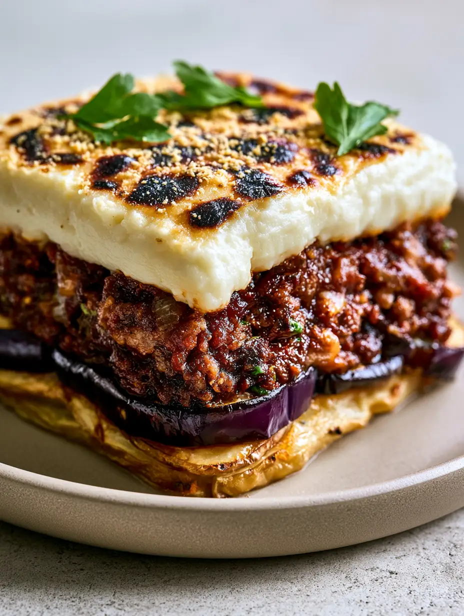 High-resolution shot of Greek Moussaka with a blistered golden-brown bechamel crust and dark leopard spots. (Greek Moussaka)