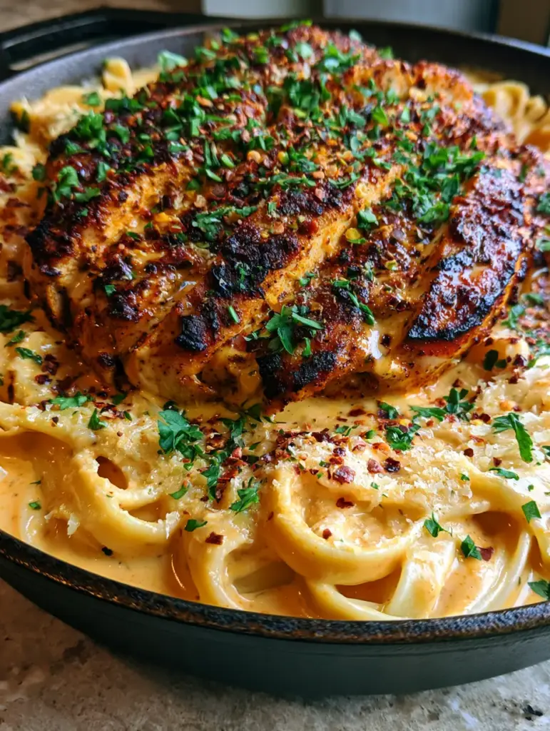 A top-down view of Cajun Chicken Alfredo in a cast iron skillet with steam rising and fresh parsley garnish.