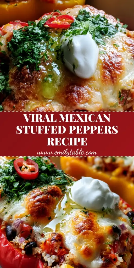 Vegetarian Stuffed Peppers with Quinoa, Black Beans, and Bubbling Monterey Jack 3 A top-down view of vibrant red and yellow vegetarian stuffed peppers topped with bubbling Monterey Jack cheese and fresh cilantro in a white baking dish.