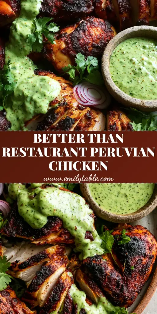 Close-up of mahogany-skinned peruvian grilled chicken on a ceramic platter with lime wedges and cilantro.