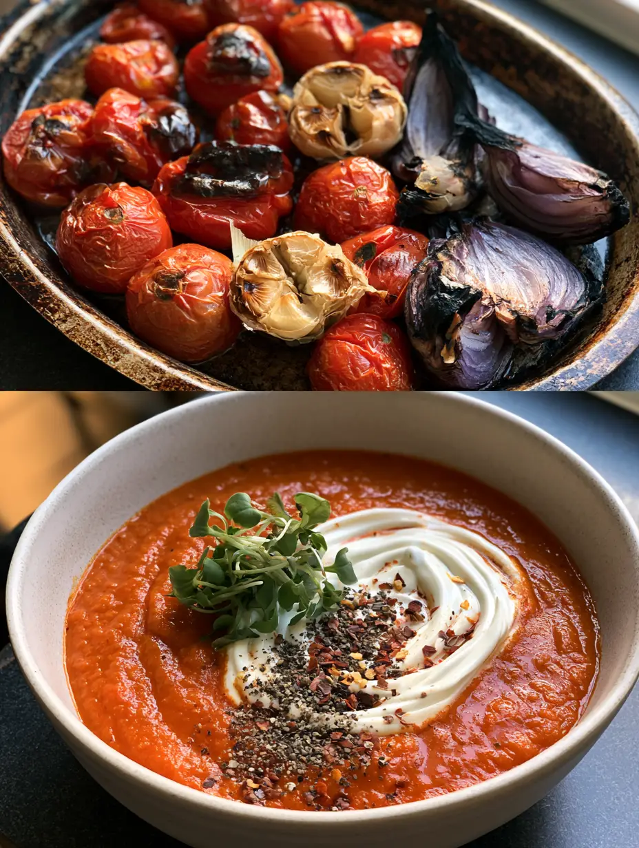 A rustic dark metal sheet pan filled with blistered Roma tomatoes, charred onions, and roasted garlic. (sheet pan soup)