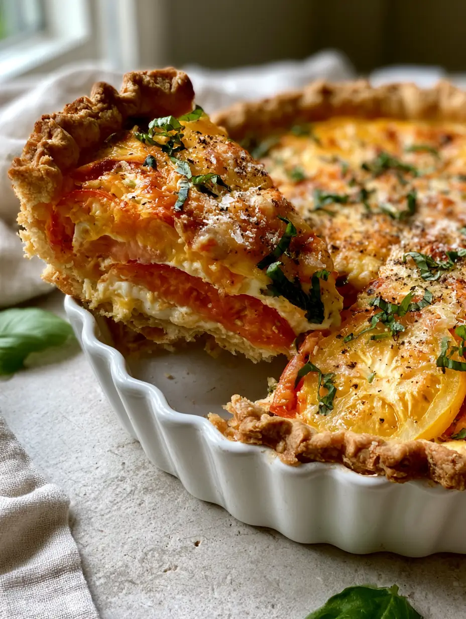 Professional culinary shot of a whole Southern Tomato Pie in a fluted ceramic dish with toasted golden-brown cheese and fresh basil chiffonade. (Southern Tomato Pie)