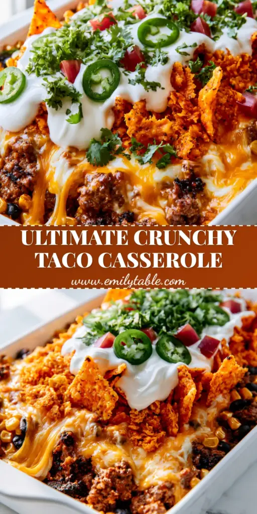 Doritos Taco Casserole: The Ultimate Cheesy Ground Beef Bake 4 A bubbling Doritos taco casserole in a white dish topped with sour cream drizzle, jalapeños, and fresh cilantro on a marble counter.