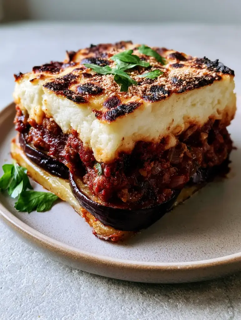 Detailed view of the layered structure of Greek Moussaka, featuring charred purple eggplant skins and rich lamb sauce.