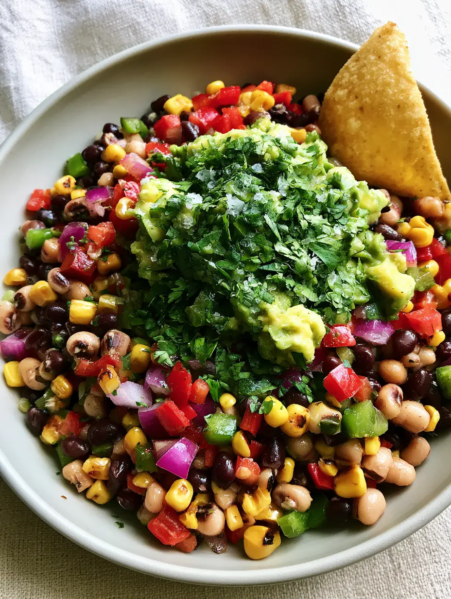 Macro view of glossy black beans, black-eyed peas, and charred corn in a cowboy caviar dip.