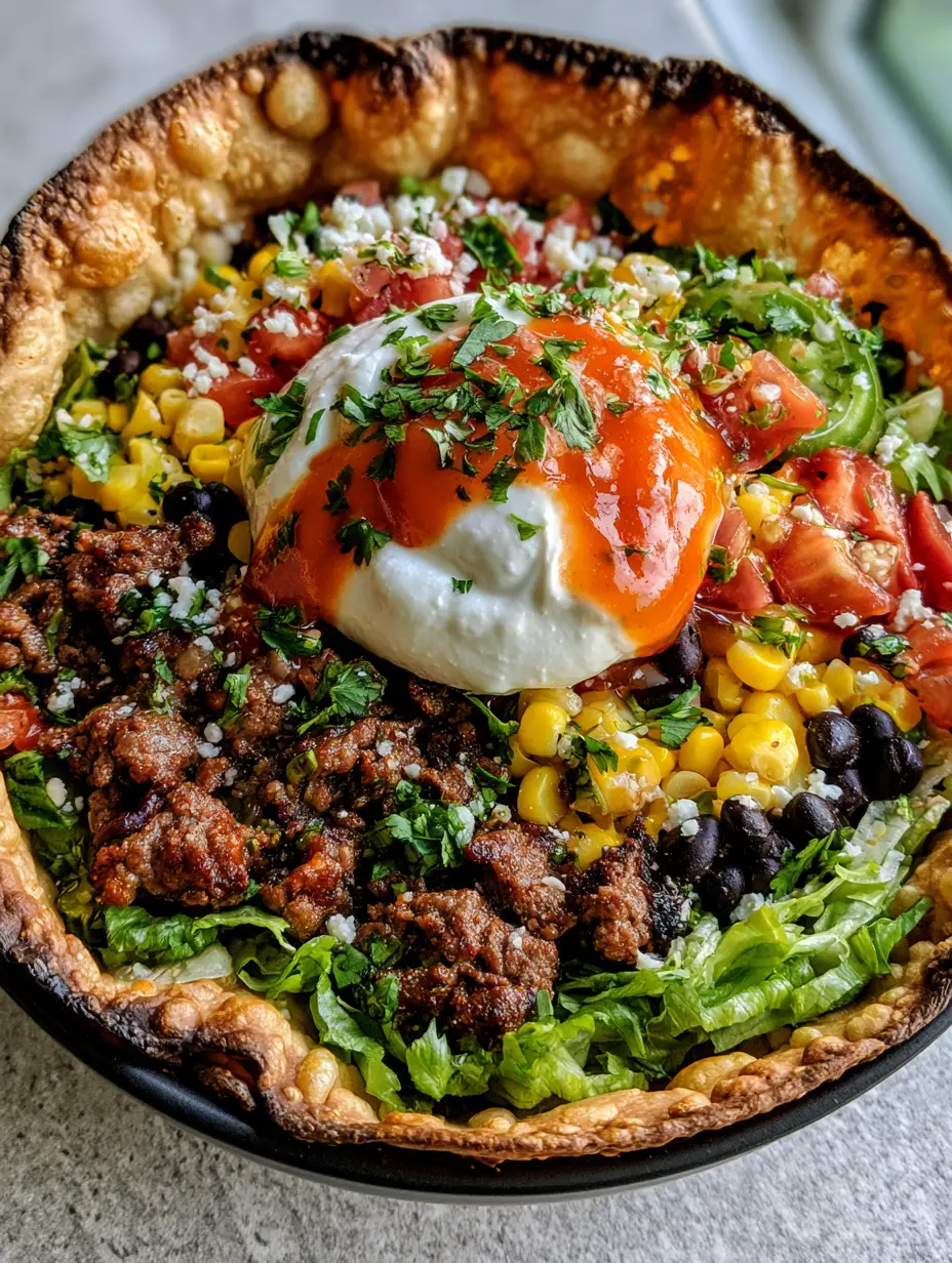 Close-up of seasoned ground beef and corn inside Taco Salad Bowls. (Taco Salad Bowls)