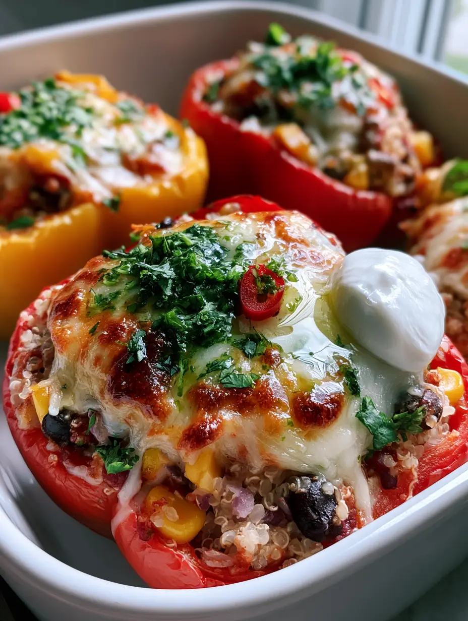 Vegetarian Stuffed Peppers with Quinoa, Black Beans, and Bubbling Monterey Jack 4 Close up shot of bubbling cheese with golden spots on top of vegetarian stuffed peppers filled with quinoa and corn.