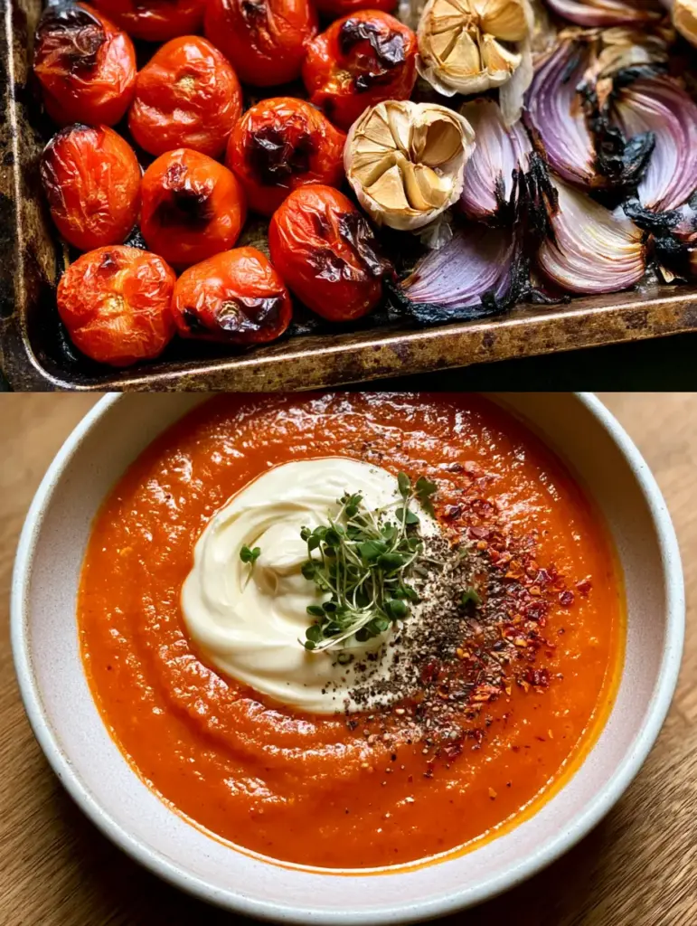 A matte white bowl filled with thick, velvet-smooth orange-red tomato soup topped with a heavy cream swirl and micro-basil.
