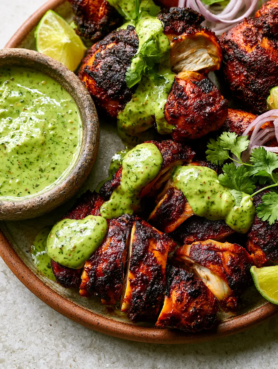 Top-down view of peruvian grilled chicken pieces showing crispy skin and steaming white meat inside.