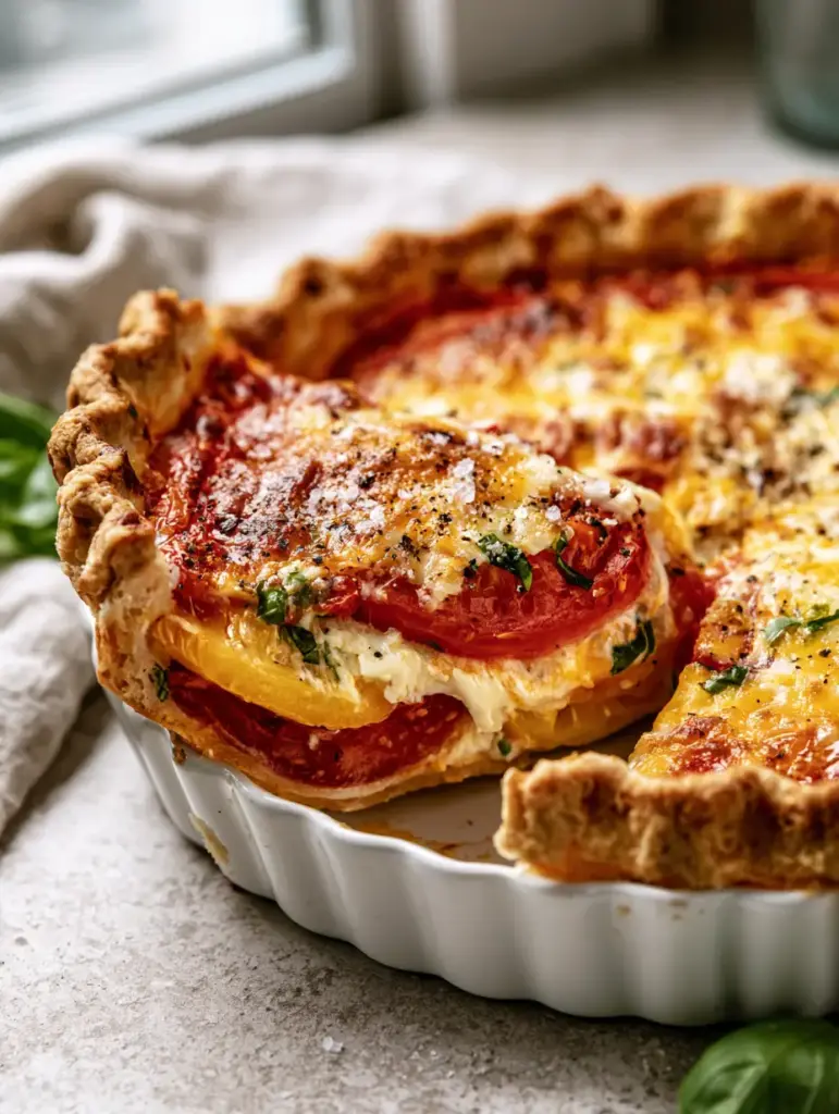 Overhead view of a Southern Tomato Pie slice showing the flaky golden-brown bottom crust and melted mozzarella cheese.