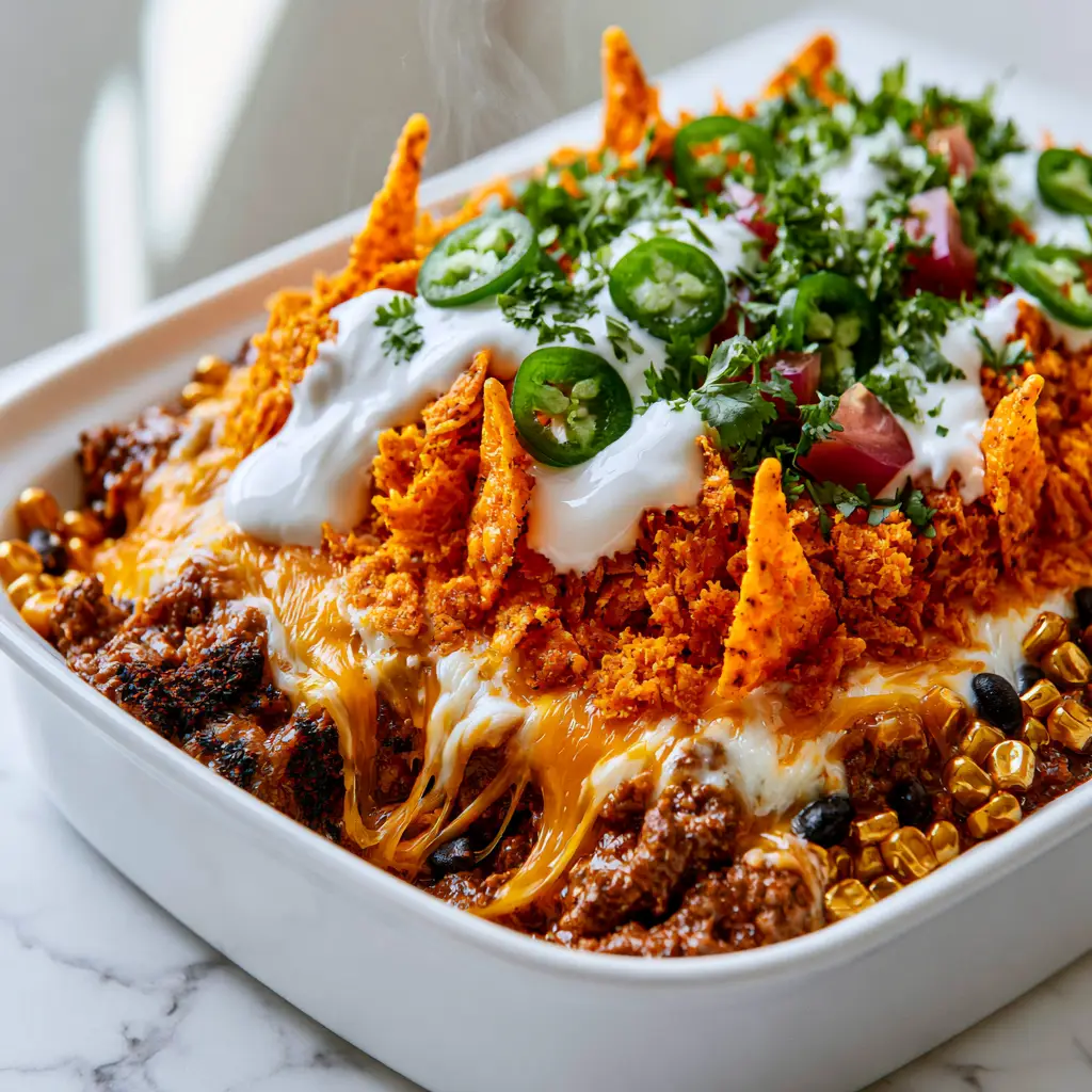 Doritos Taco Casserole: The Ultimate Cheesy Ground Beef Bake 2 Close up shot of Doritos taco casserole showing jagged chip edges and melted cheese pulls.