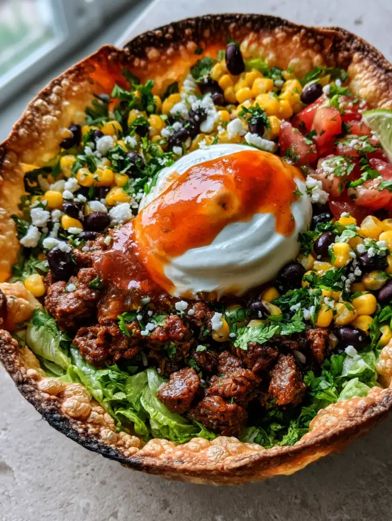 Handheld view of a loaded Taco Salad Bowl with charred edges and sour cream topping.