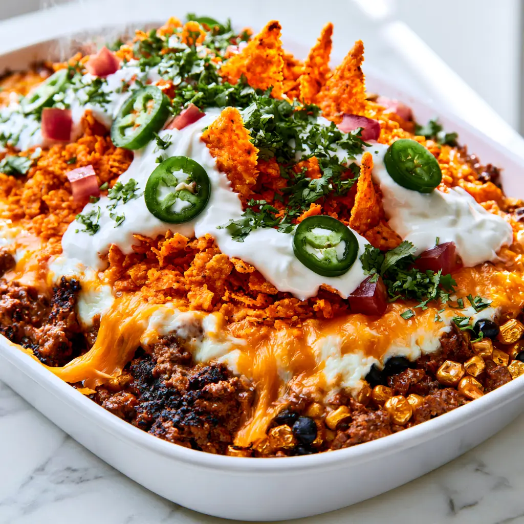 Doritos Taco Casserole: The Ultimate Cheesy Ground Beef Bake 1 High-angle view of a Doritos taco casserole with seasoned ground beef, black beans, and corn.