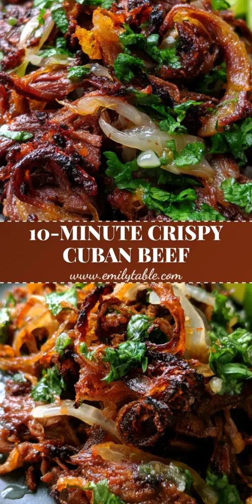 A top-down view of authentic Cuban vaca frita featuring crispy mahogany shredded beef, translucent onions, and fresh lime wedges on a rustic plate.
